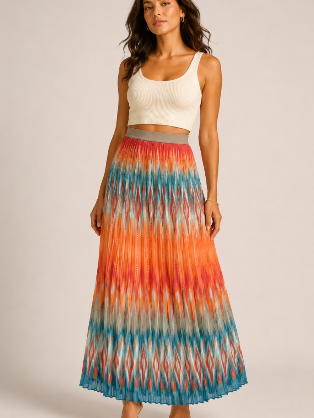 Ruby Rd. Multicolor Ikat Pleated Maxi Skirt — Orange, Teal, Coral